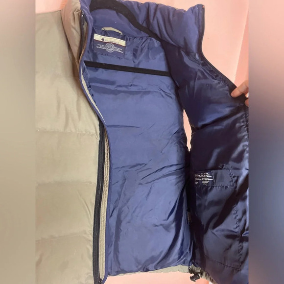 Champion Mens Vintage Down Filled Zip-Up Puffer Vest Taupe/Navy size M - Picture 8 of 13